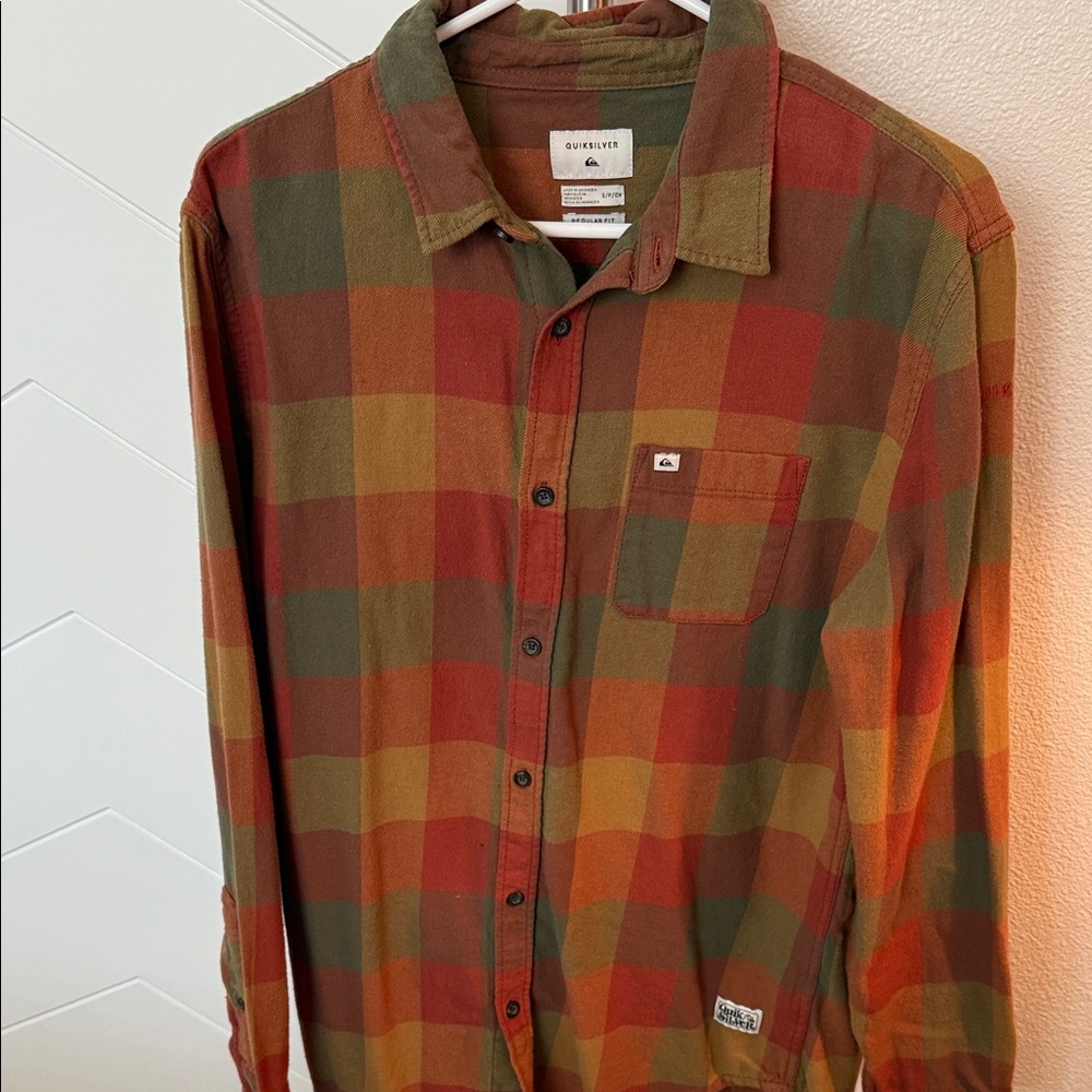 Quiksilver Men's Red and Green Plaid Flannel Shirt